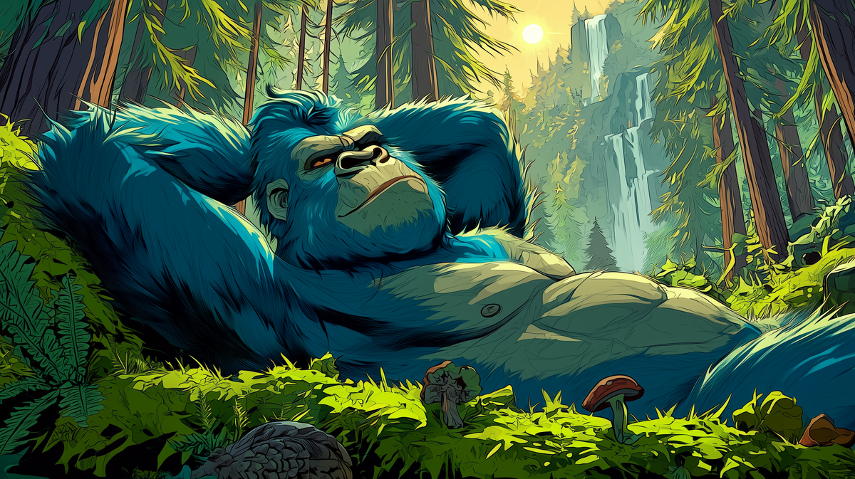 Hanno der Gorilla im Wald, Illustration zur Duschseife Smoked Pine