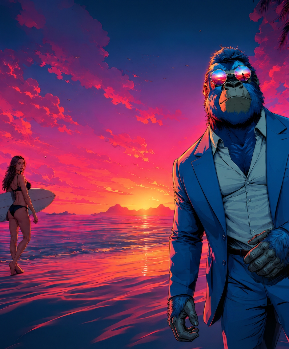 Hanno der Gorilla im Comic-Stil am Strand
