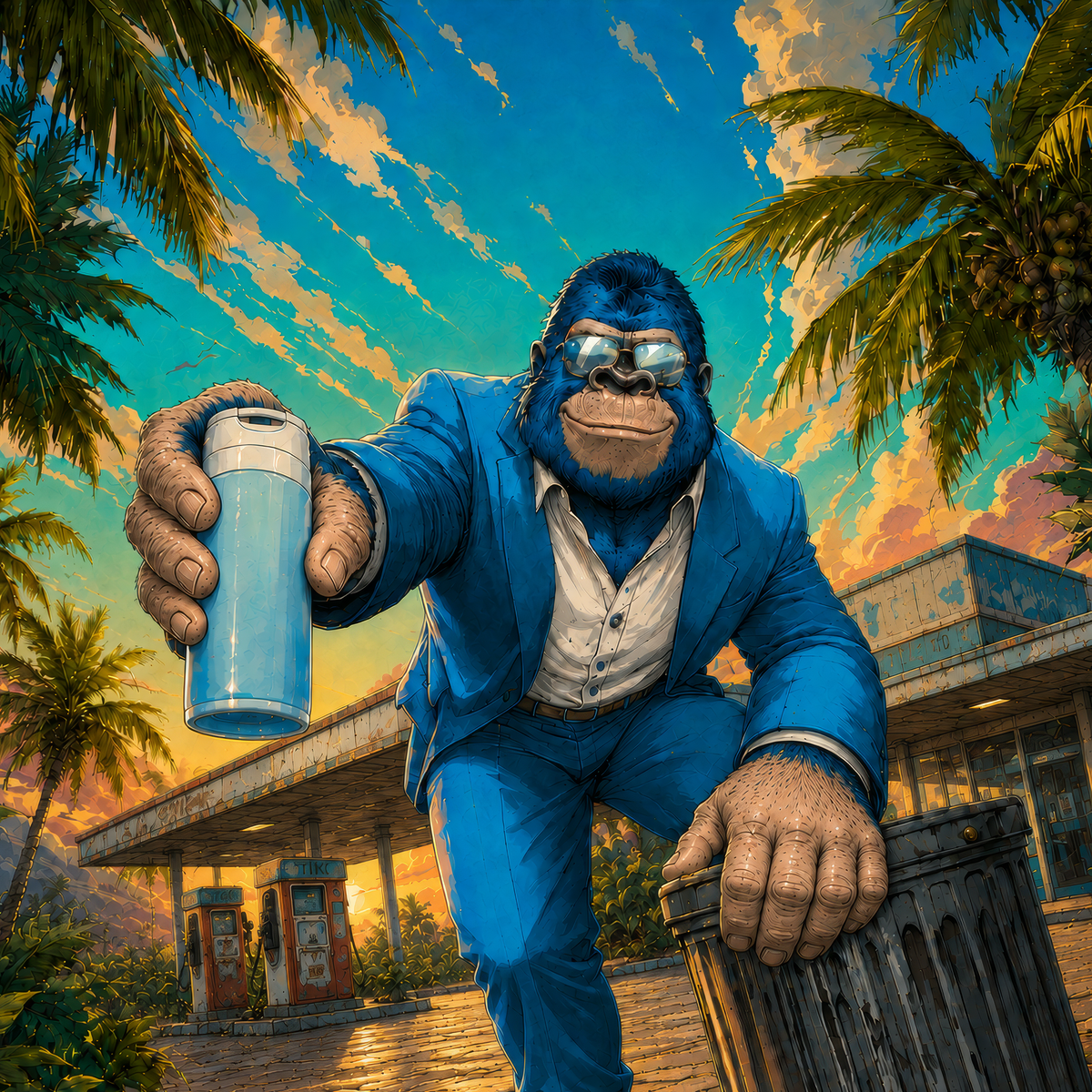Hanno der Gorilla im Comic-Stil an einer Tankstelle