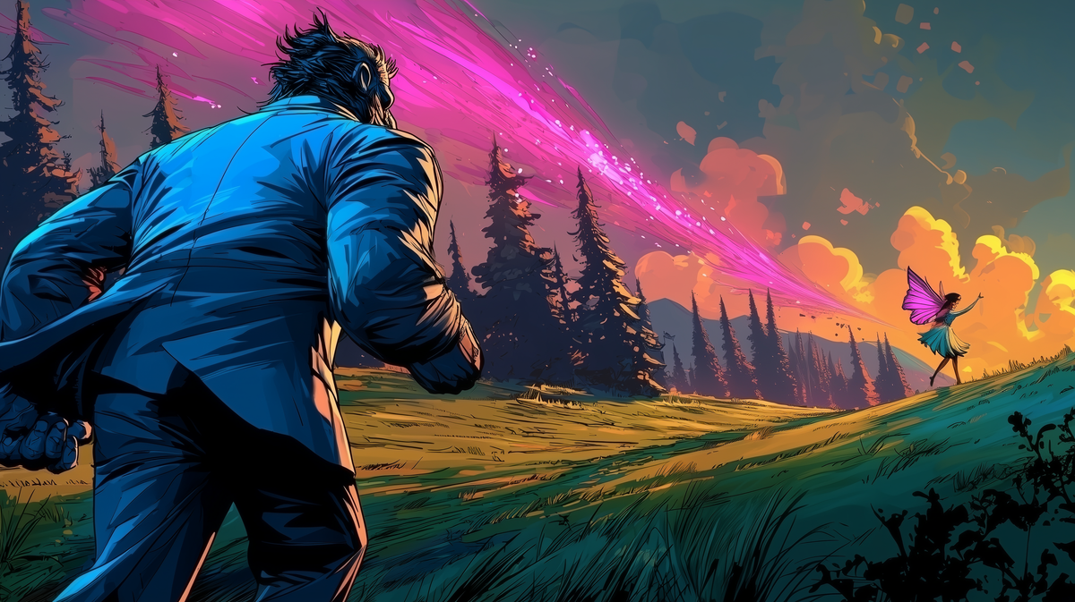 Hanno der Gorilla im Comic-Stil als Bergsteiger jagt eine Fee