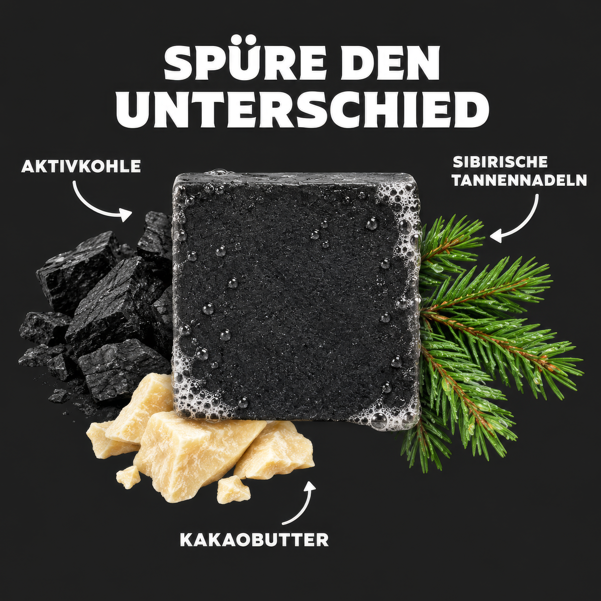 Schwarze Smoked Pine Duschseife von Hanno Gorbani mit Aktivkohle, sibirischen Tannennadeln und Kakaobutter.