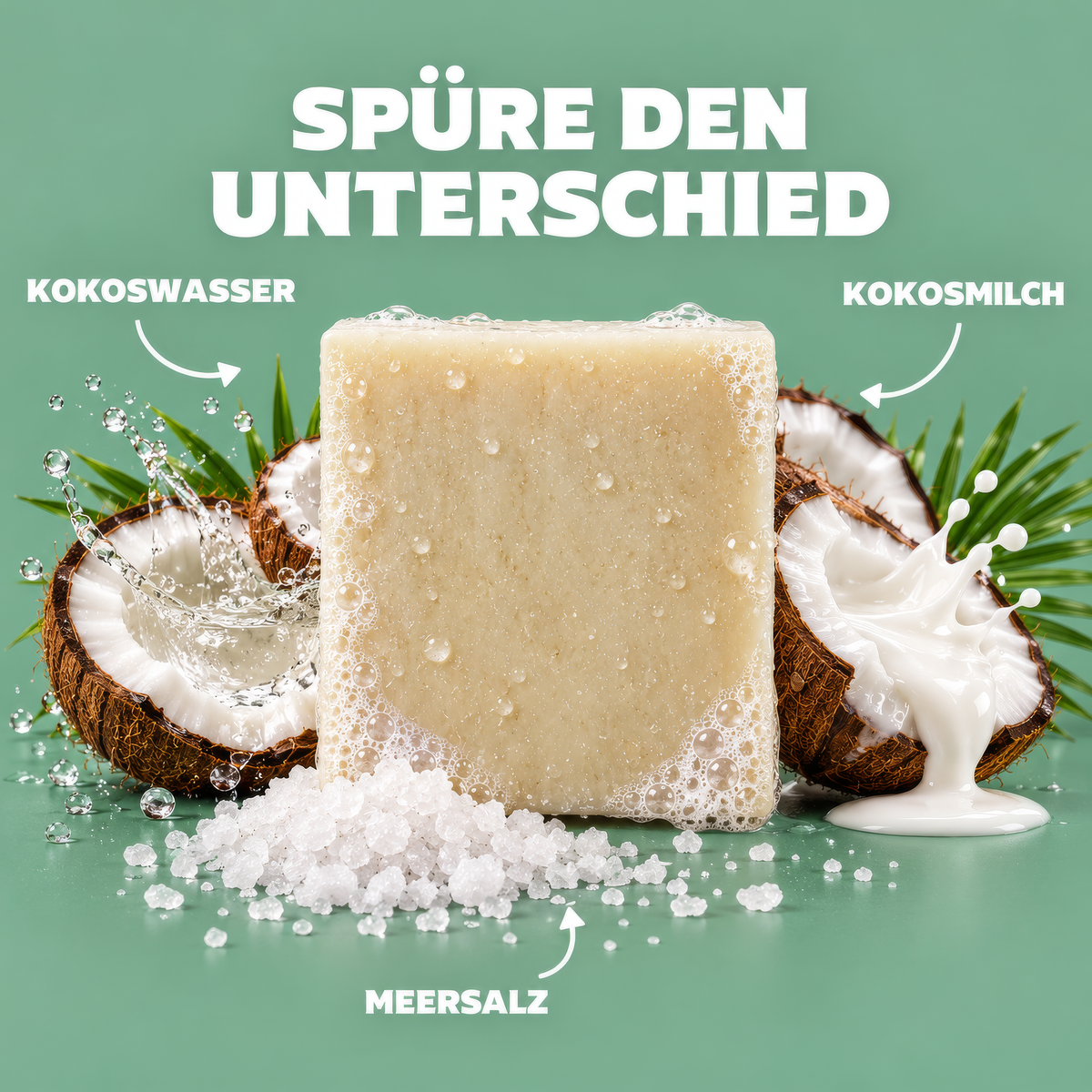 Sun Wave Duschseife von Hanno Gorbani mit Kokoswasser, Kokosmilch und Meersalz, umgeben von Kokosnusshälften.