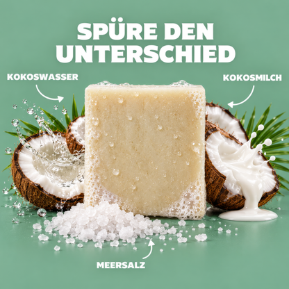 Sun Wave Duschseife von Hanno Gorbani mit Kokoswasser, Kokosmilch und Meersalz, umgeben von Kokosnusshälften.